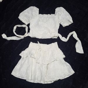 White Floral Print Crop Top and Skirt Set